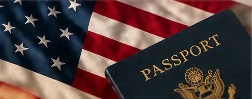 United States passport with American flag